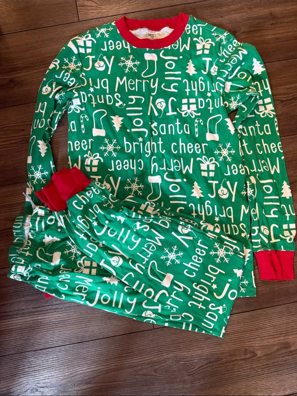 Womens Green Holiday Pajama Set with Red Trim